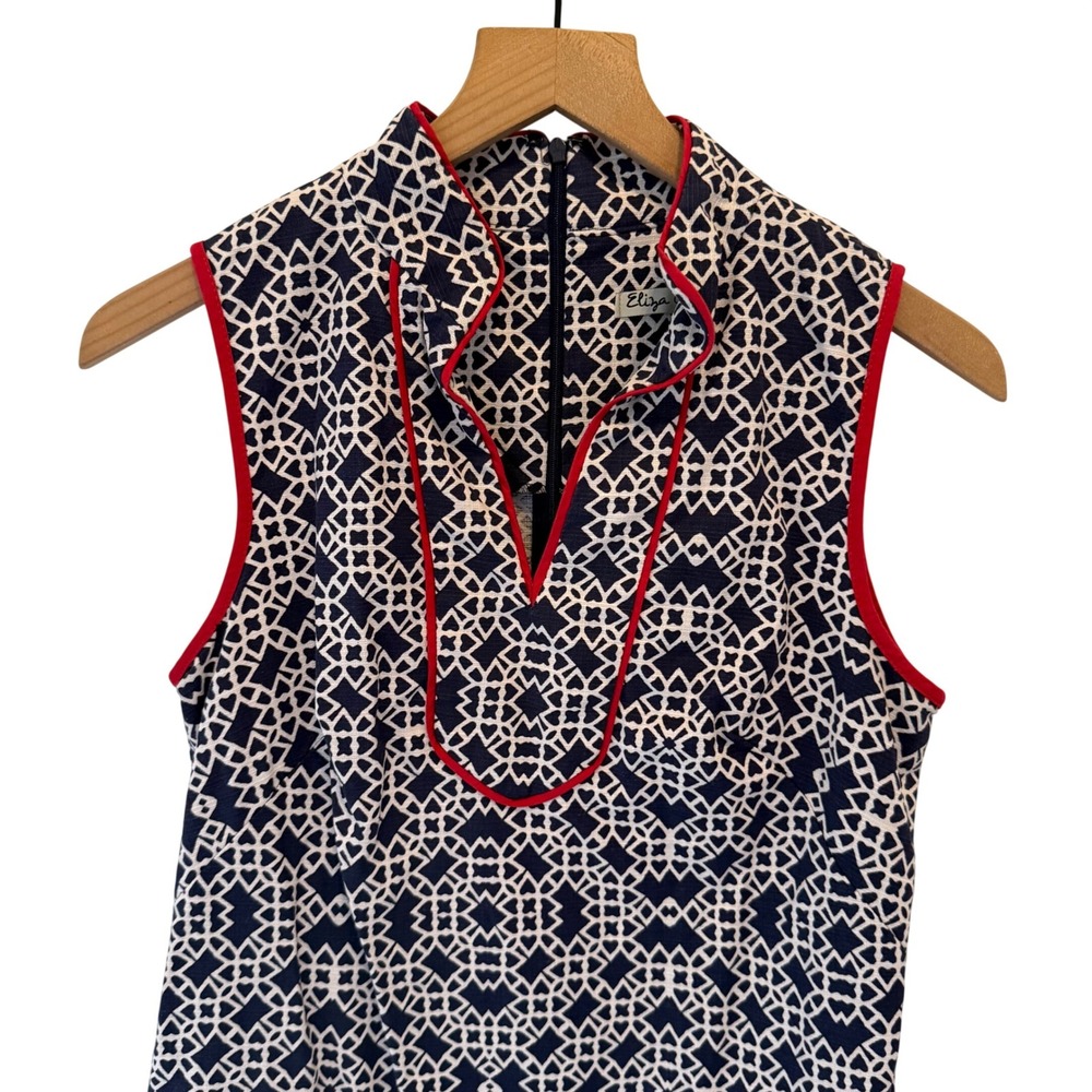 Eliza J Shift Dress Womens 4 Navy  Geometric Red Trim Sleeveless Preppy Mod Work